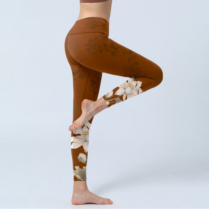 Leggings de yoga para mujer con estampado de flor de loto blanca y marrón con Buddha Stones - image 3