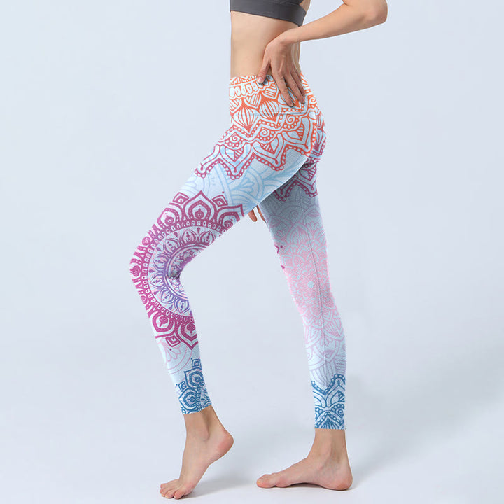 Leggings de yoga para mujer con estampado de mandala rosa y azul con piedras de Buddha Stones - image 3