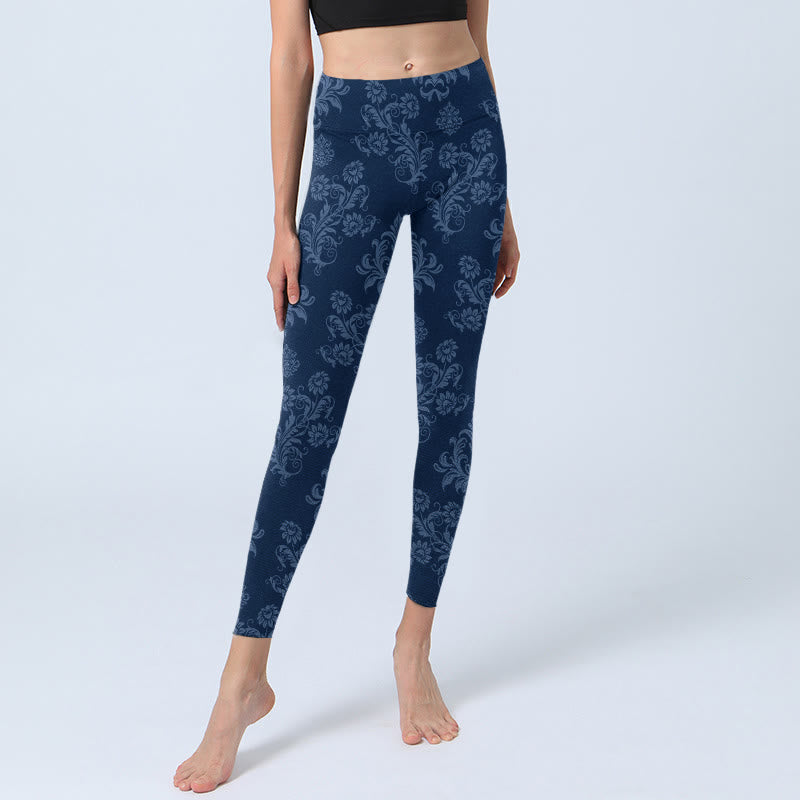 Leggings de yoga para mujer con estampado floral de hojas azules y Buddha Stones - image 6