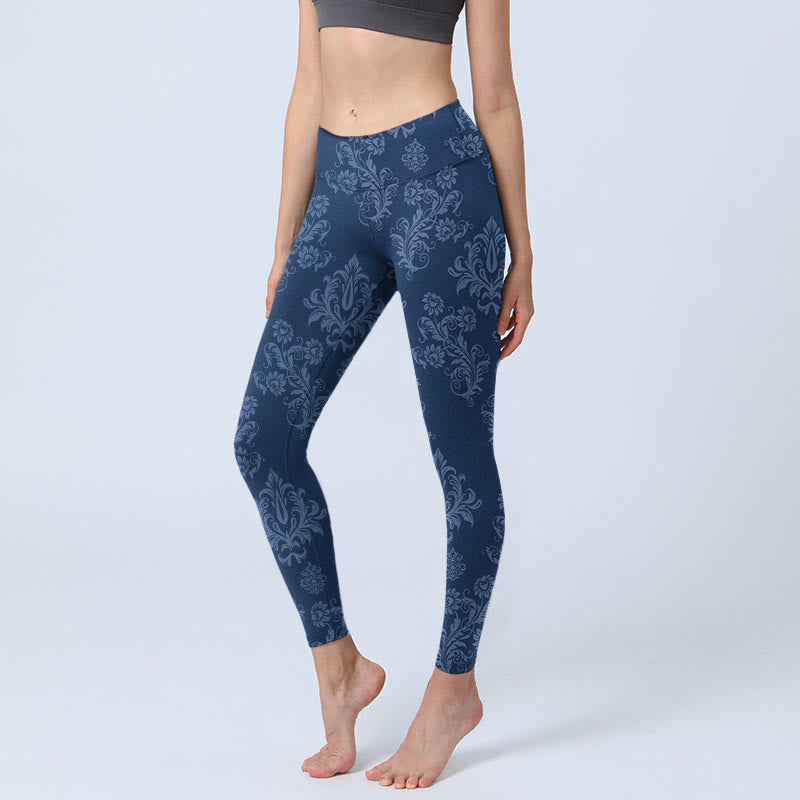 Leggings de yoga para mujer con estampado floral de hojas azules y Buddha Stones - Azul acero - US18，UK/AU22，EU50 (4XL) - image 1