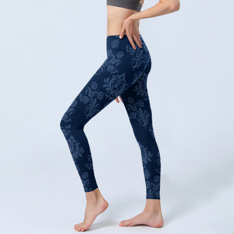 Leggings de yoga para mujer con estampado floral de hojas azules y Buddha Stones - image 3