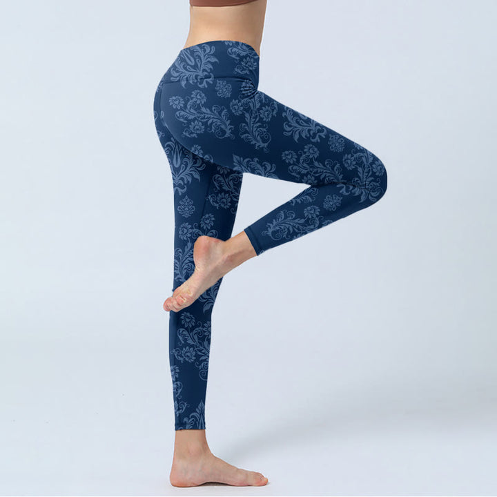 Leggings de yoga para mujer con estampado floral de hojas azules y Buddha Stones - image 4