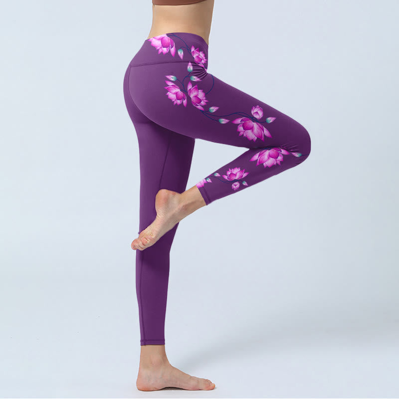Leggings de yoga para mujer con estampado de flor de loto púrpura y rosa con Buddha Stones - image 3