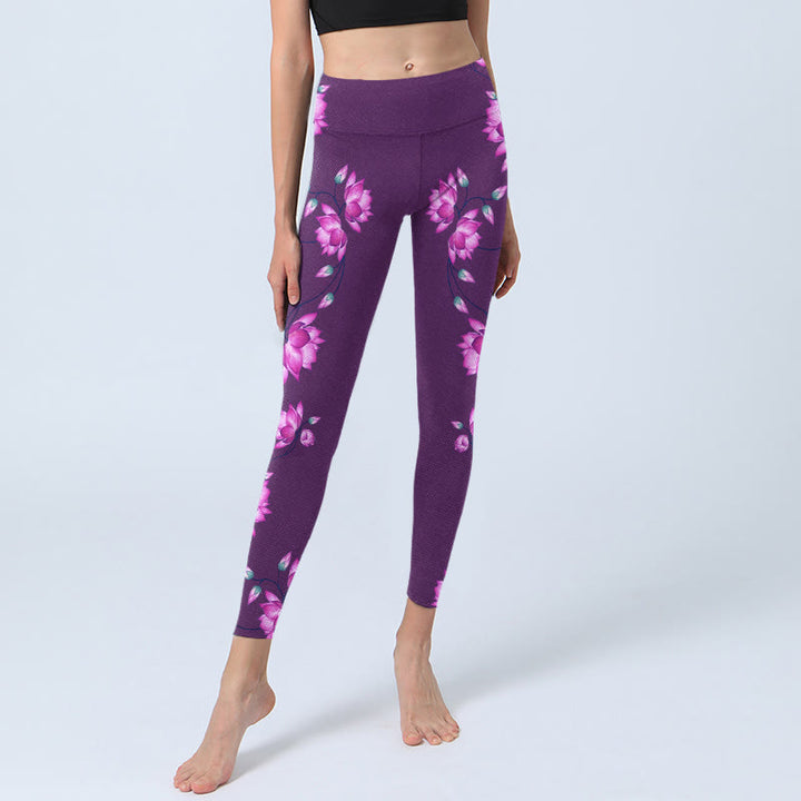 Leggings de yoga para mujer con estampado de flor de loto púrpura y rosa con Buddha Stones - image 5