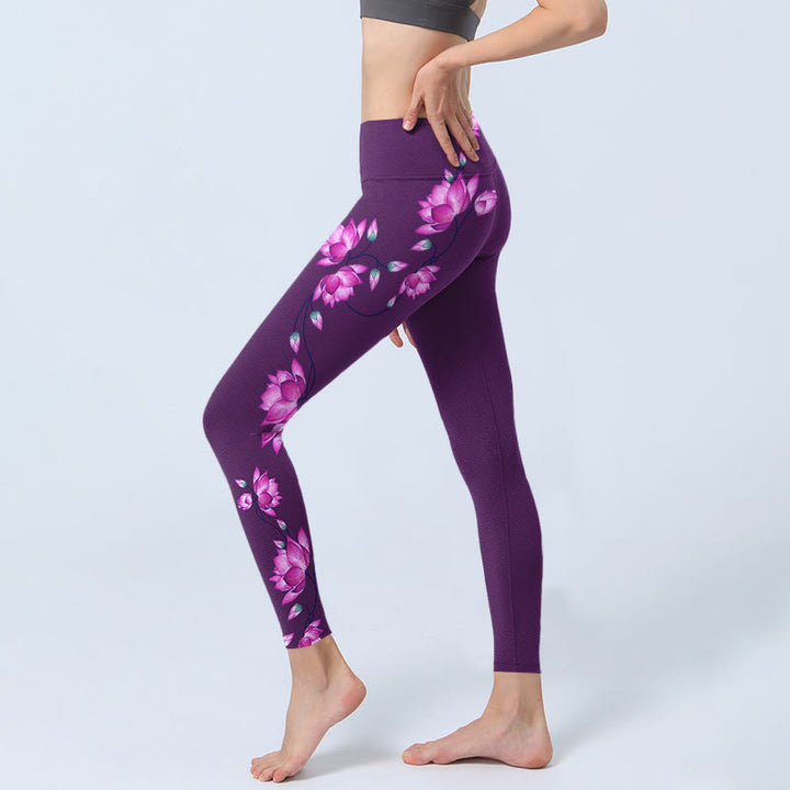 Leggings de yoga para mujer con estampado de flor de loto púrpura y rosa con Buddha Stones - image 3