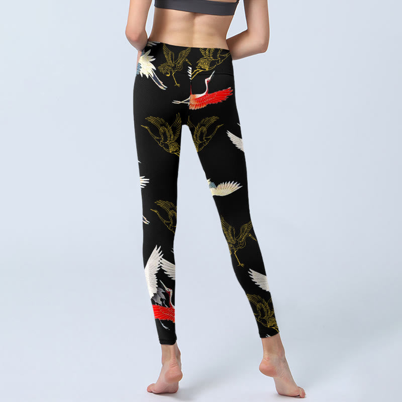 Leggings de yoga para mujer con estampado de grullas blancas, rojas y doradas con piedras de Buddha Stones - image 7