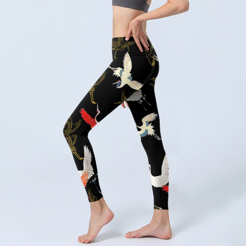 Leggings de yoga para mujer con estampado de grullas blancas, rojas y doradas con piedras de Buddha Stones - image 3