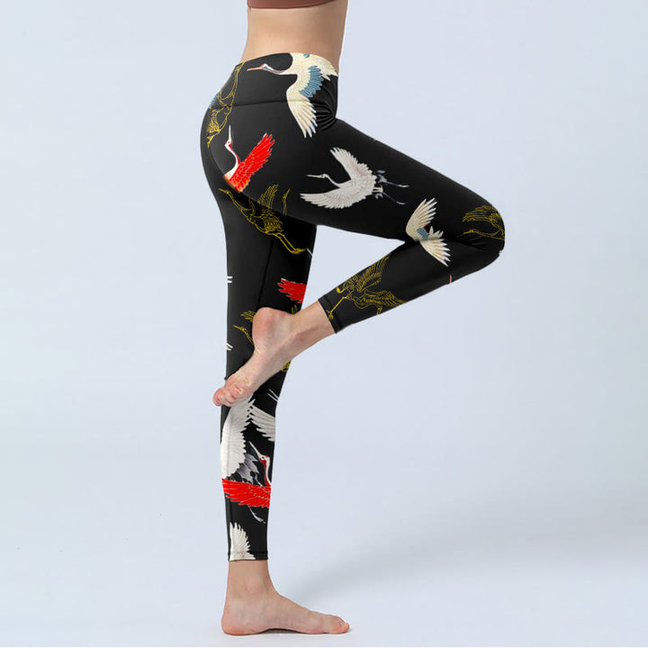 Leggings de yoga para mujer con estampado de grullas blancas, rojas y doradas con piedras de Buddha Stones - image 3