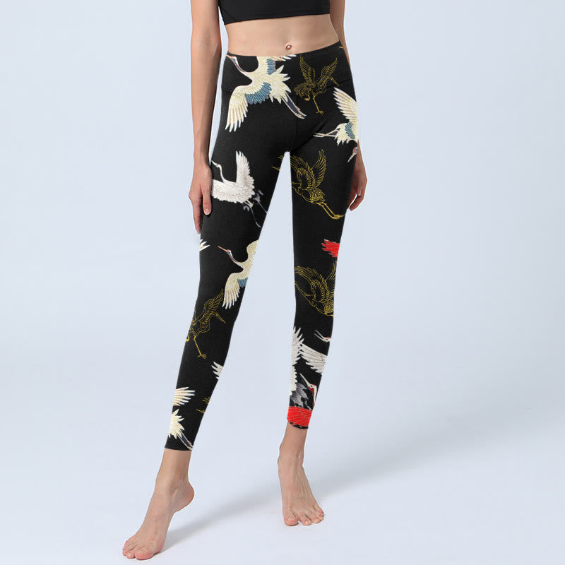 Leggings de yoga para mujer con estampado de grullas blancas, rojas y doradas con piedras de Buddha Stones - image 6
