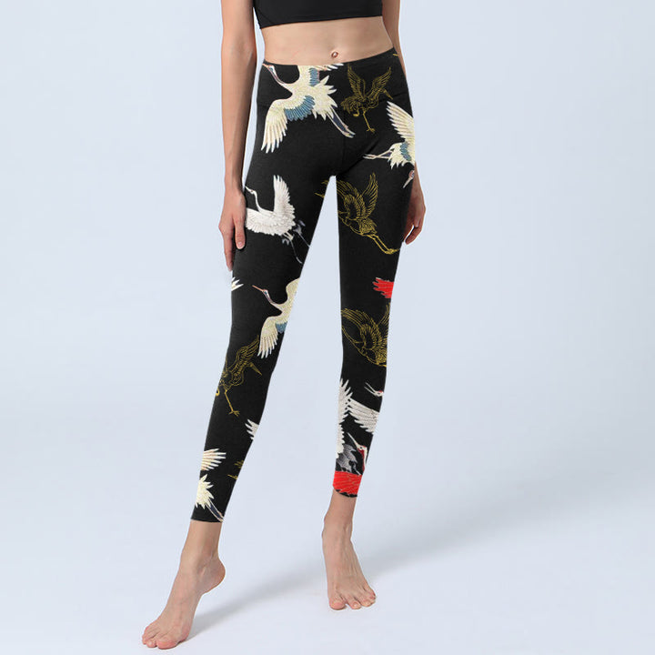Leggings de yoga para mujer con estampado de grullas blancas, rojas y doradas con piedras de Buddha Stones - image 6
