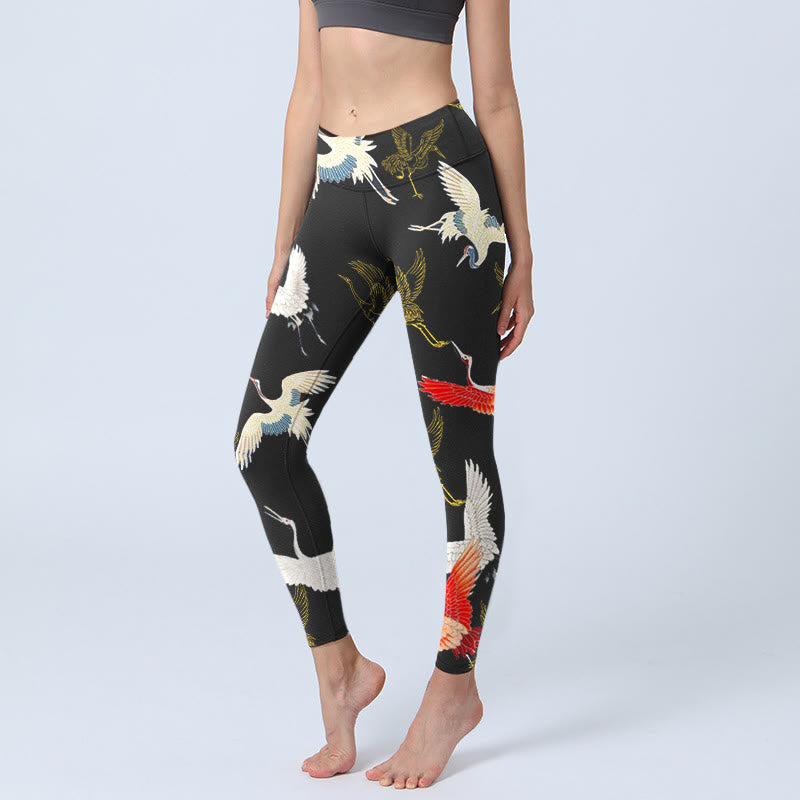 Leggings de yoga para mujer con estampado de grullas blancas, rojas y doradas con piedras de Buddha Stones - Negro - US18，UK/AU22，EU50 (4XL) - image 0