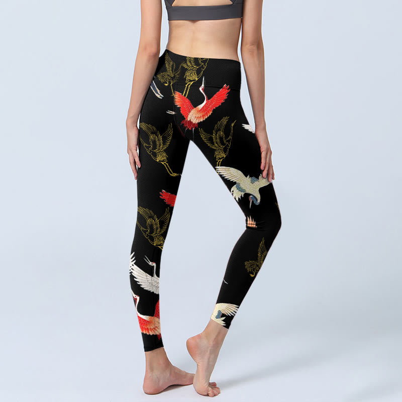 Leggings de yoga para mujer con estampado de grullas blancas, rojas y doradas con piedras de Buddha Stones - image 5