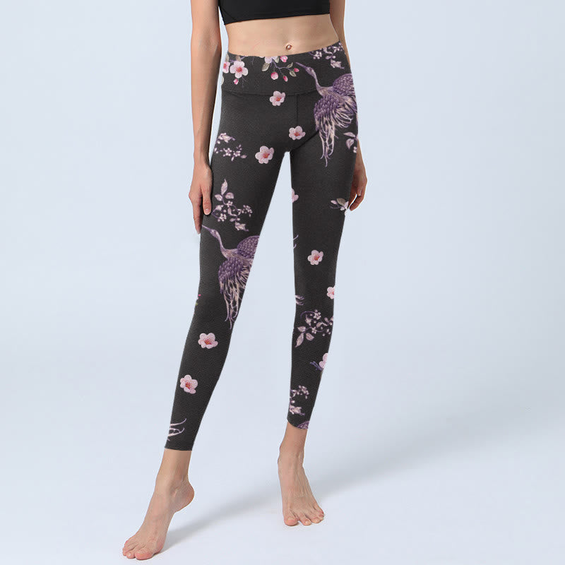 Leggings de yoga para mujer con estampado de grullas voladoras, flores rosas y piedras de Buddha Stones - image 5
