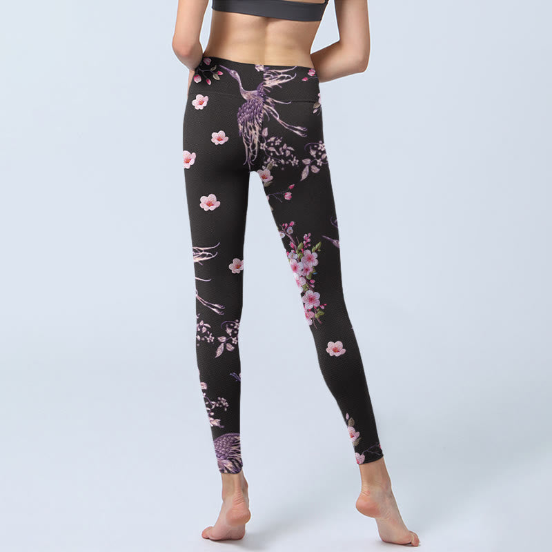 Leggings de yoga para mujer con estampado de grullas voladoras, flores rosas y piedras de Buddha Stones - image 6