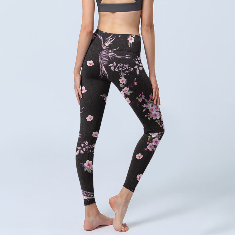 Leggings de yoga para mujer con estampado de grullas voladoras, flores rosas y piedras de Buddha Stones - image 4