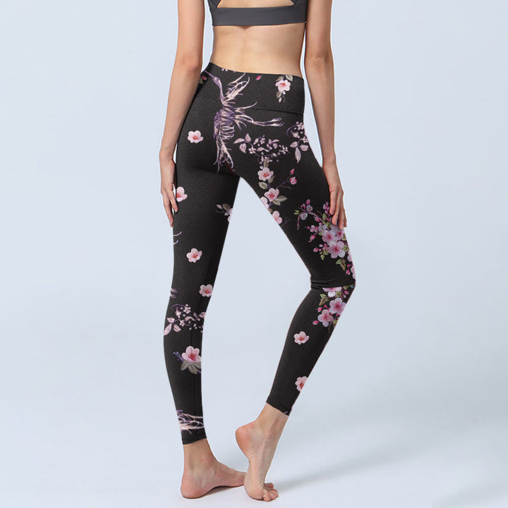 Leggings de yoga para mujer con estampado de grullas voladoras, flores rosas y piedras de Buddha Stones - image 4