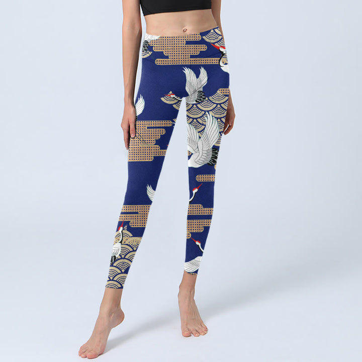 Leggings de yoga para mujer con estampado de grullas de corona roja, nubes auspiciosas y piedras de Buddha Stones - image 6