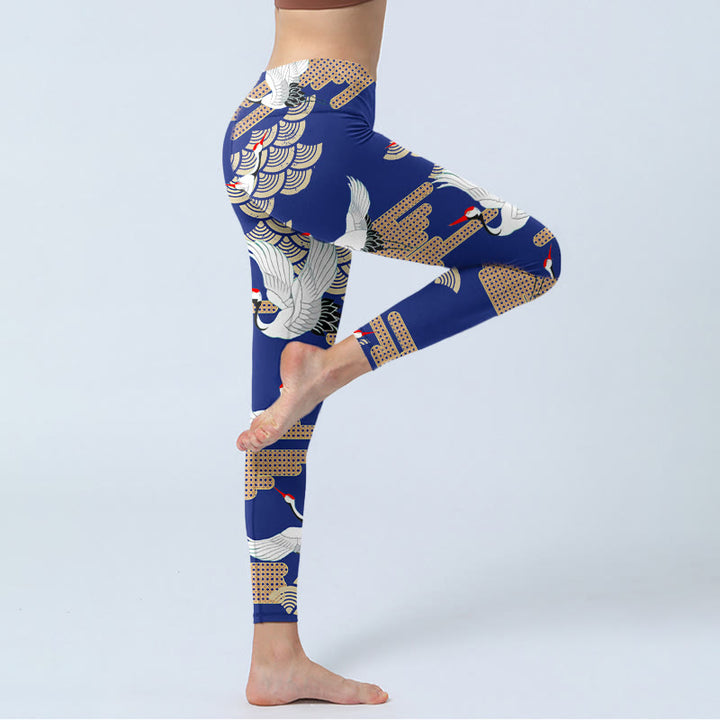 Leggings de yoga para mujer con estampado de grullas de corona roja, nubes auspiciosas y piedras de Buddha Stones - image 4