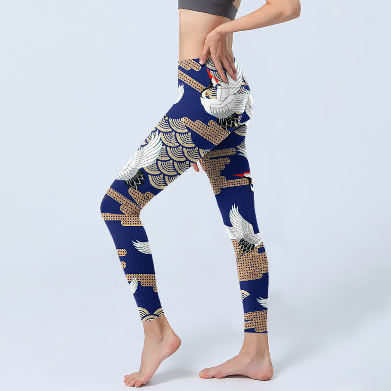 Leggings de yoga para mujer con estampado de grullas de corona roja, nubes auspiciosas y piedras de Buddha Stones - image 3