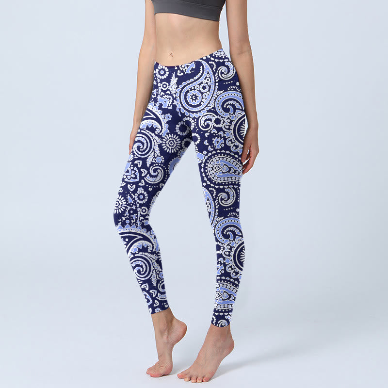 Leggings de yoga para mujer con estampado de flores de anacardo, morado y azul, con Buddha Stones - Azul pizarra medio - US18，UK/AU22，EU50 (4XL) - image 1