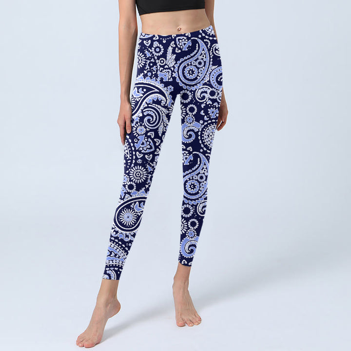 Leggings de yoga para mujer con estampado de flores de anacardo, morado y azul, con Buddha Stones - image 5