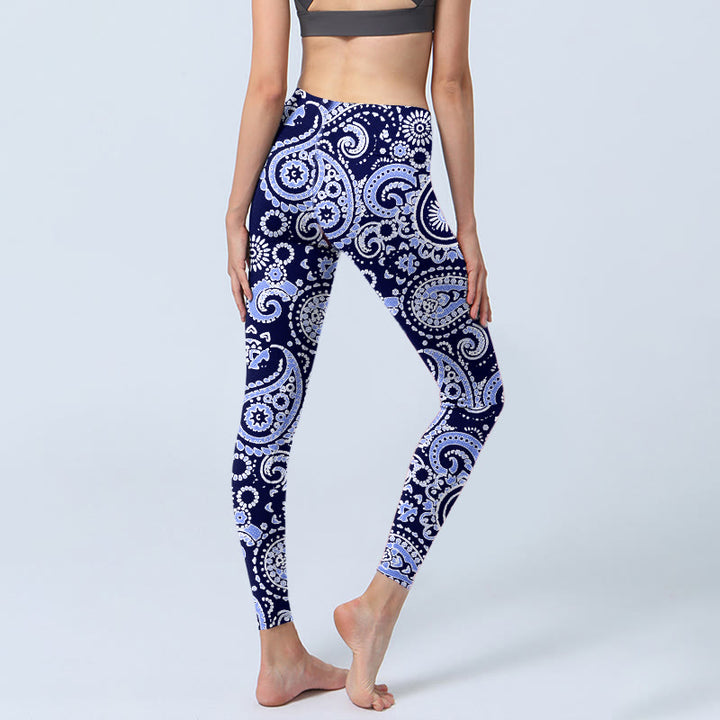 Leggings de yoga para mujer con estampado de flores de anacardo, morado y azul, con Buddha Stones - image 4