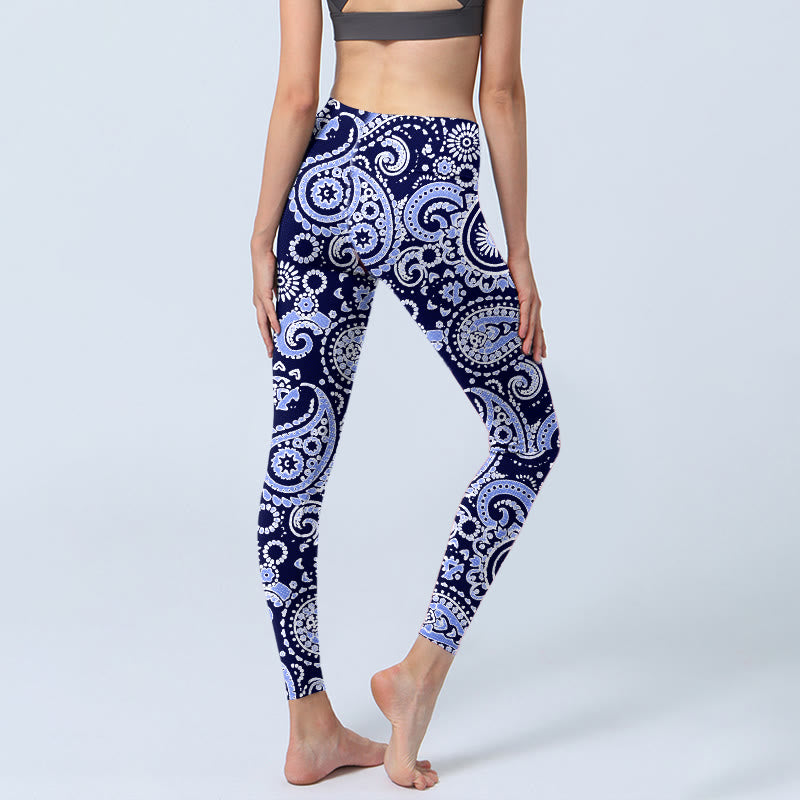 Leggings de yoga para mujer con estampado de flores de anacardo, morado y azul, con Buddha Stones - image 5