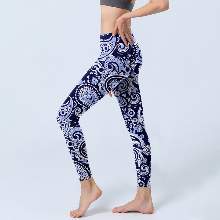 Leggings de yoga para mujer con estampado de flores de anacardo, morado y azul, con Buddha Stones - image 3