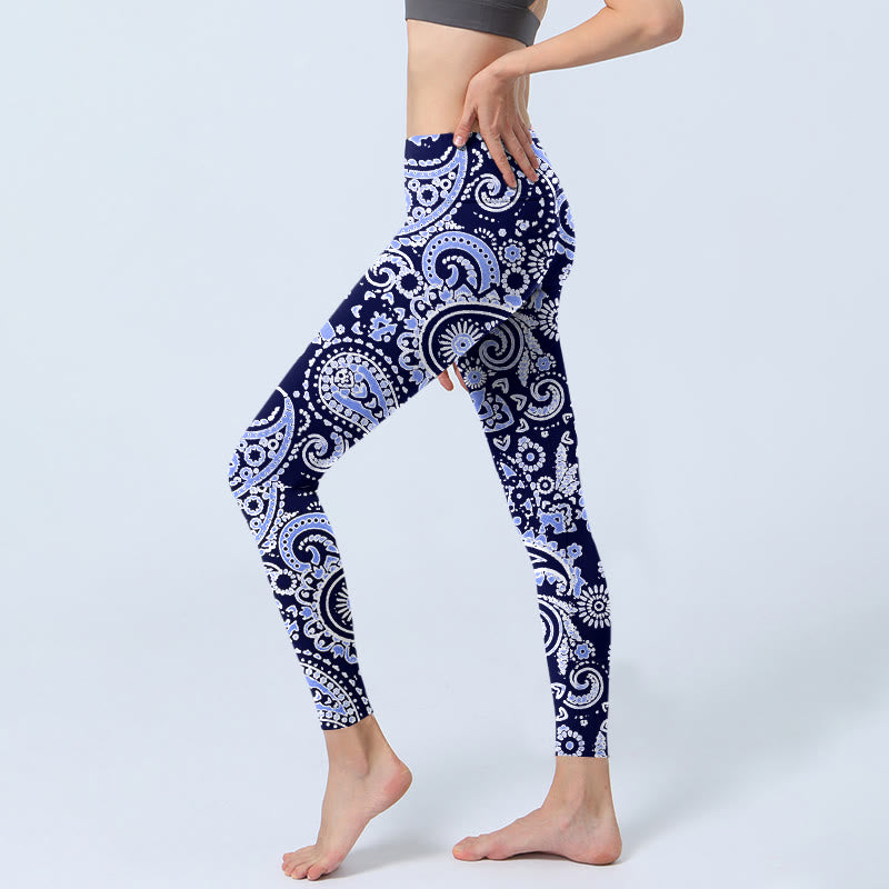 Leggings de yoga para mujer con estampado de flores de anacardo, morado y azul, con Buddha Stones - image 2