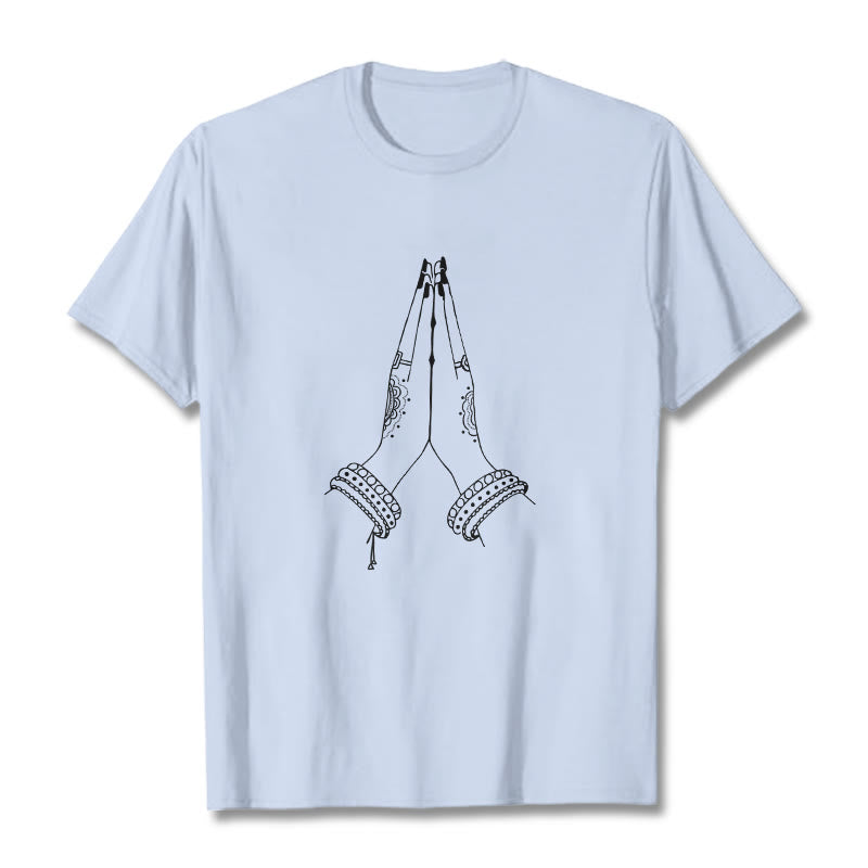 Camiseta con diseño de oración de manos unidas con Buddha Stones - Cian claro - 2XL - image 18