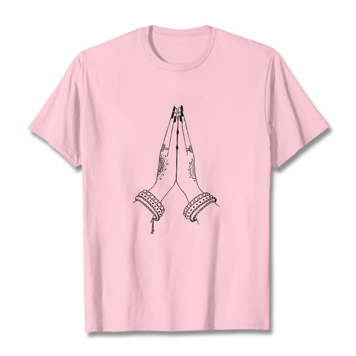 Camiseta con diseño de oración de manos unidas con Buddha Stones - Rosa claro - 2XL - image 13