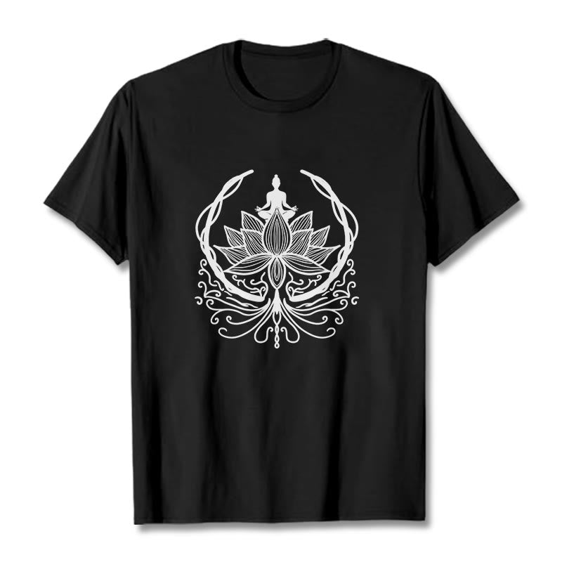 Camiseta de meditación con Buddha Stones sentado dentro de una flor de loto y piedras de Buda - Negro - 2XL - image 7