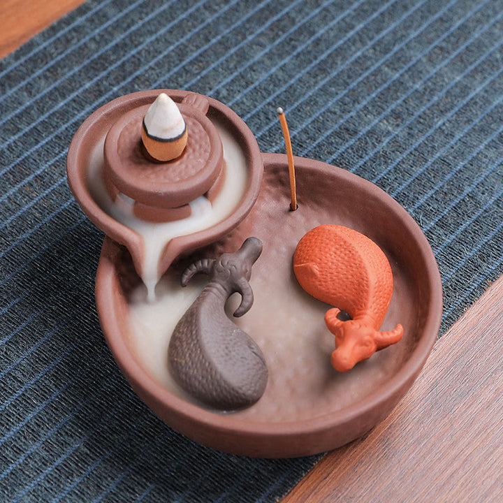 Quemador de incienso de cerámica de arcilla morada con forma de pez koi y buey, con Buddha Stones y curación, para decoración. - Buey 10,8*13,5*5cm (sin incienso) - image 0