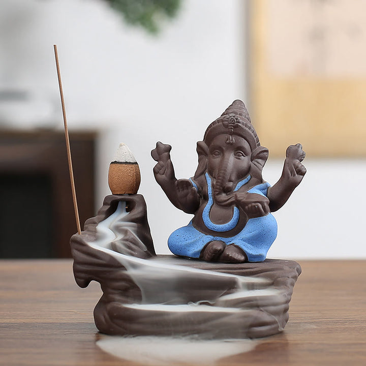 Quemador de incienso con forma de elefante, Ganesh, arcilla morada, reflujo de humo, protección contra sobrecorriente - Azul 10,1*11 cm - image 0