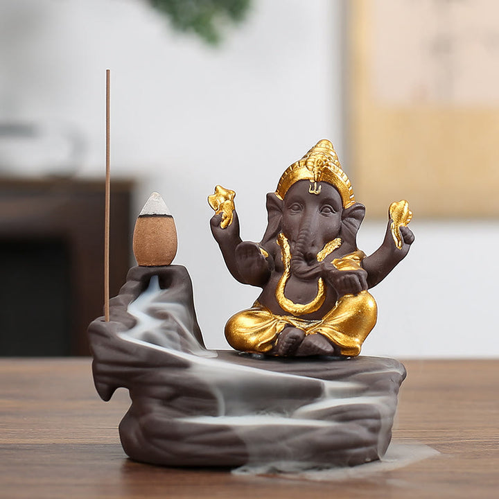 Quemador de incienso con forma de elefante, Ganesh, arcilla morada, reflujo de humo, protección contra sobrecorriente - Dorado 10,1*11 cm - image 3