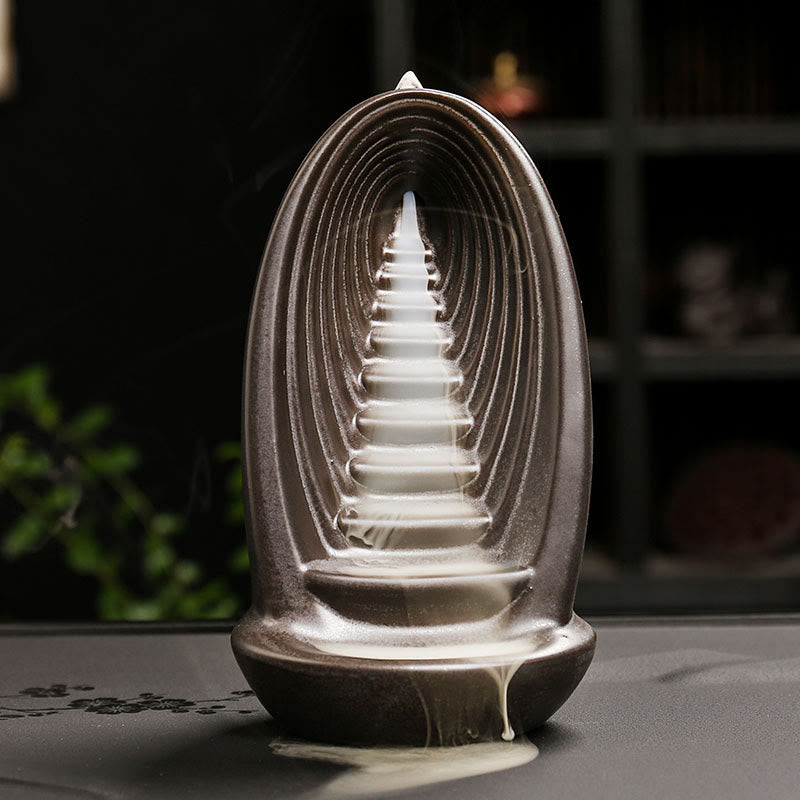 Fuente de humo de reflujo de cerámica con mano de Buda, escaleras, montañas y Buddha Stones de Buda, quemador de incienso decorativo para meditación - Escaleras 9,7 x 8,1 x 16,8 cm - image 1