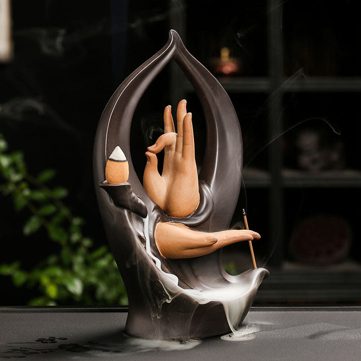 Fuente de humo de reflujo de cerámica con mano de Buda, escaleras, montañas y Buddha Stones de Buda, quemador de incienso decorativo para meditación - image 8