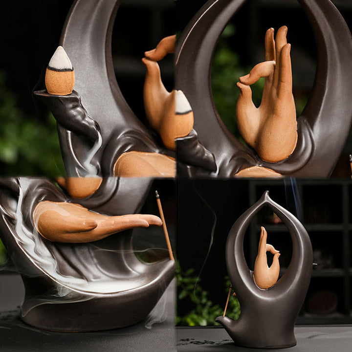 Fuente de humo de reflujo de cerámica con mano de Buda, escaleras, montañas y Buddha Stones de Buda, quemador de incienso decorativo para meditación - image 9