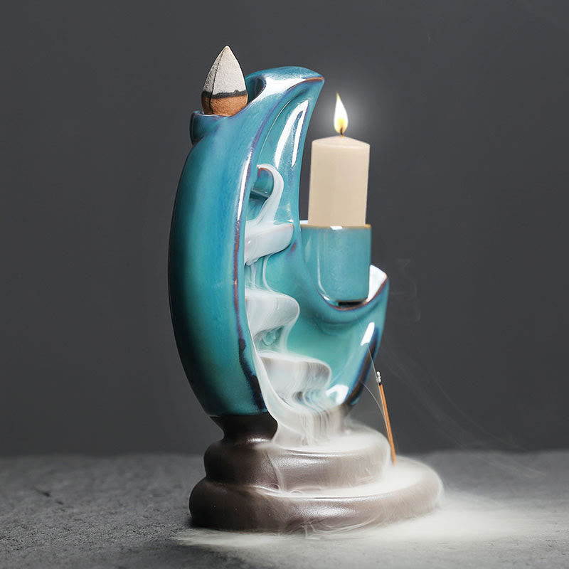 Fuente de humo de cerámica con reflujo y diseño de luna creciente azul con Buddha Stones, candelabro de meditación, quemador de incienso decorativo - image 4