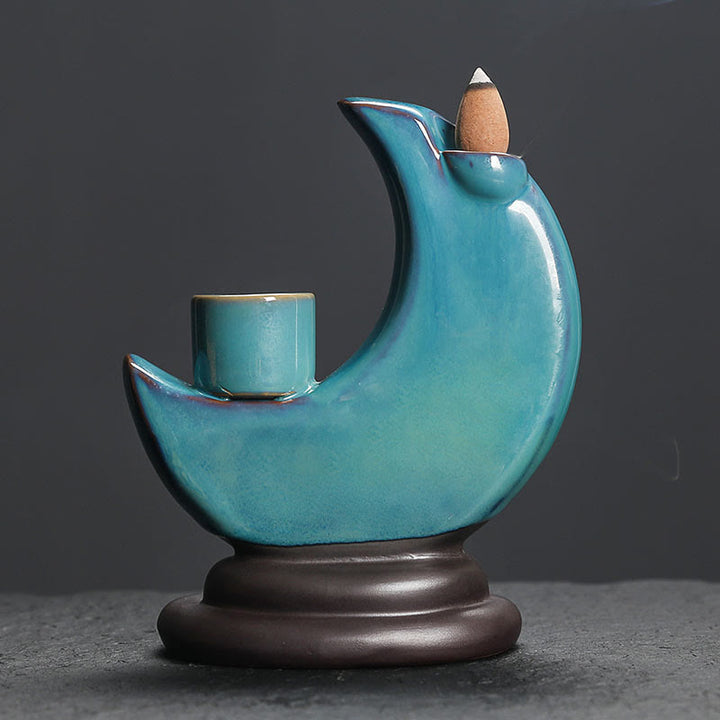 Fuente de humo de cerámica con reflujo y diseño de luna creciente azul con Buddha Stones, candelabro de meditación, quemador de incienso decorativo - image 1