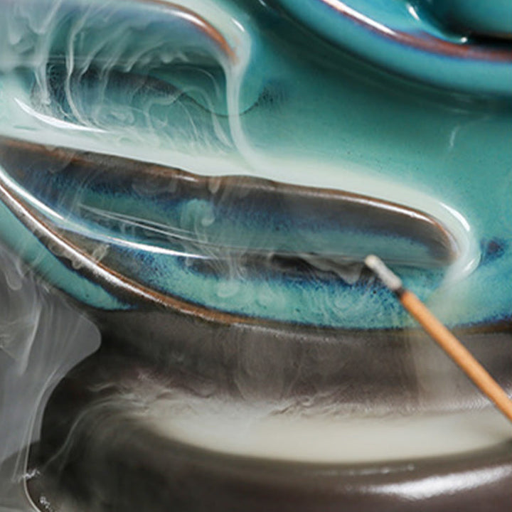 Fuente de humo de cerámica con reflujo y diseño de luna creciente azul con Buddha Stones, candelabro de meditación, quemador de incienso decorativo - image 14