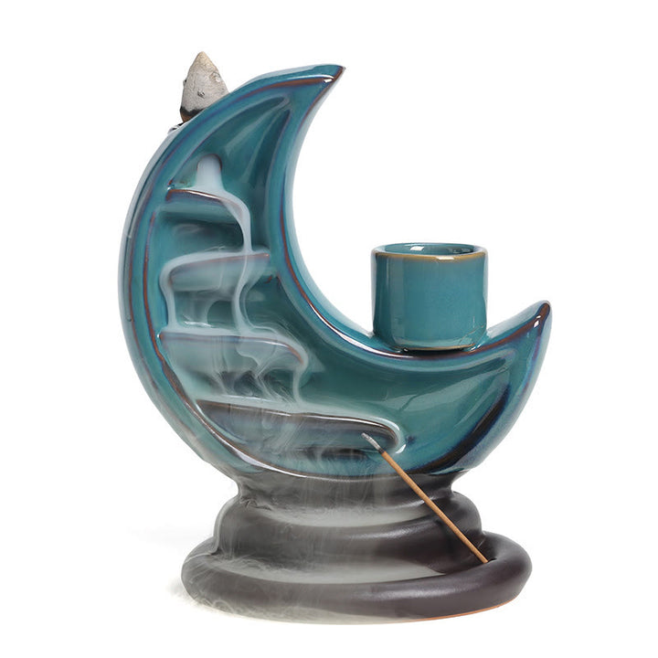 Fuente de humo de cerámica con reflujo y diseño de luna creciente azul con Buddha Stones, candelabro de meditación, quemador de incienso decorativo - image 16