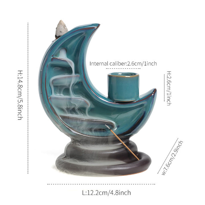 Fuente de humo de cerámica con reflujo y diseño de luna creciente azul con Buddha Stones, candelabro de meditación, quemador de incienso decorativo - image 5