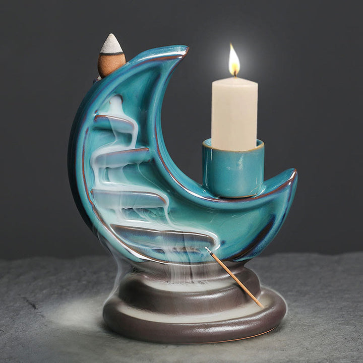 Fuente de humo de cerámica con reflujo y diseño de luna creciente azul con Buddha Stones, candelabro de meditación, quemador de incienso decorativo - image 7