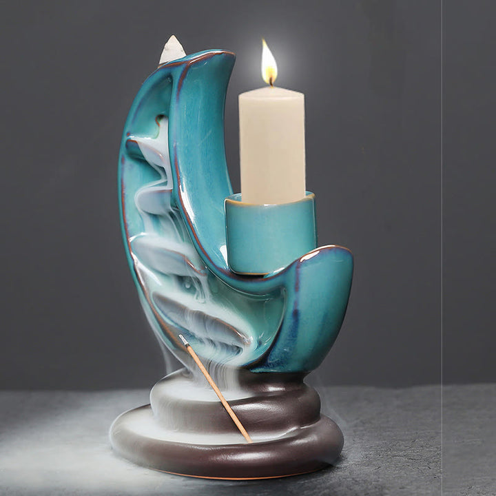 Fuente de humo de cerámica con reflujo y diseño de luna creciente azul con Buddha Stones, candelabro de meditación, quemador de incienso decorativo - image 4
