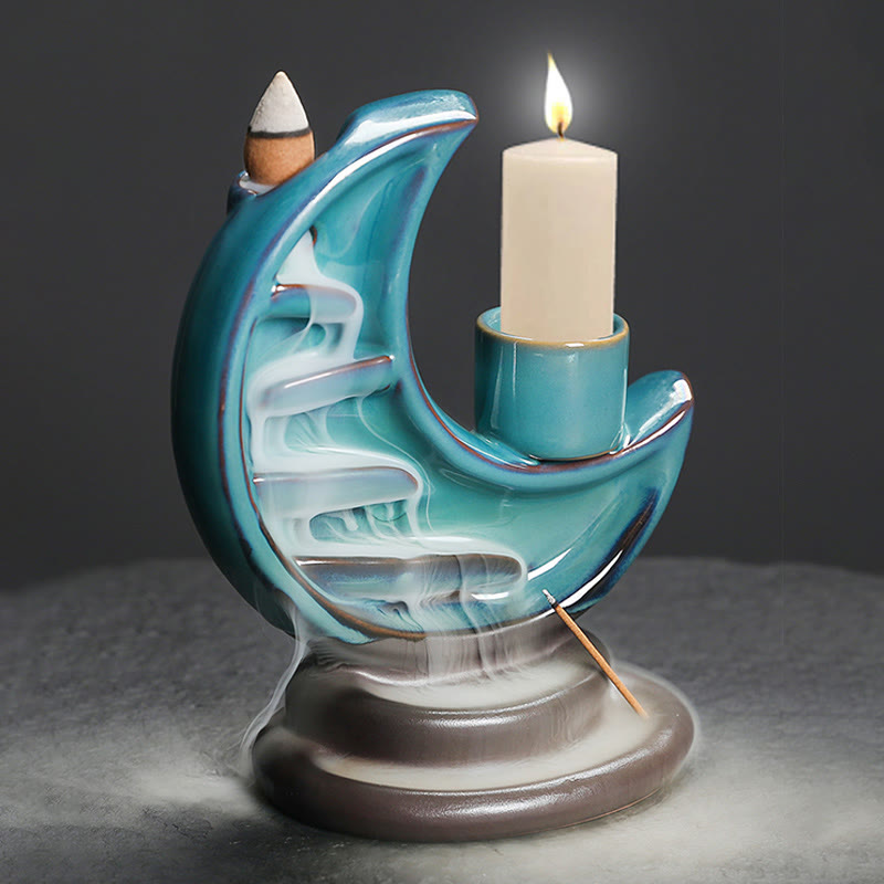 Fuente de humo de cerámica con reflujo y diseño de luna creciente azul con Buddha Stones, candelabro de meditación, quemador de incienso decorativo - image 2