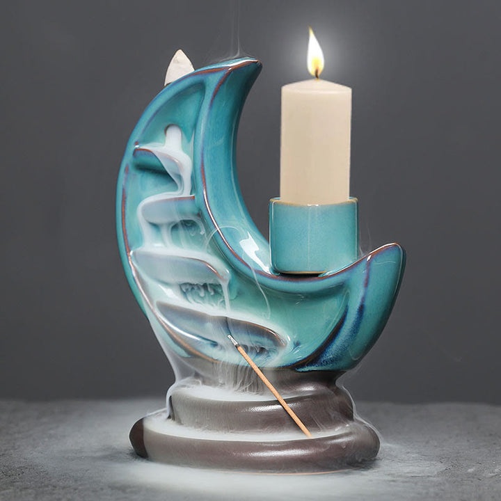 Fuente de humo de cerámica con reflujo y diseño de luna creciente azul con Buddha Stones, candelabro de meditación, quemador de incienso decorativo - image 6