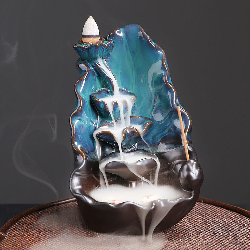 Quemador de incienso espiritual de cerámica con reflujo de hojas de loto azul y Buddha Stones - Loto azul 10,1 x 9,6 x 16,2 cm - image 1