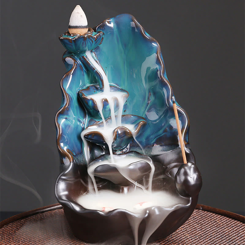 Quemador de incienso espiritual de cerámica con reflujo de hojas de loto azul y Buddha Stones - image 5
