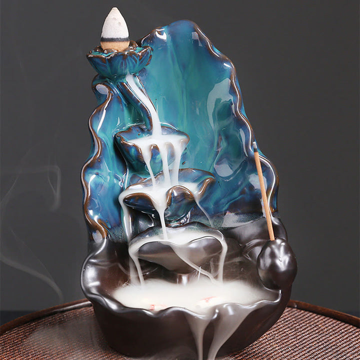 Quemador de incienso espiritual de cerámica con reflujo de hojas de loto azul y Buddha Stones - image 5